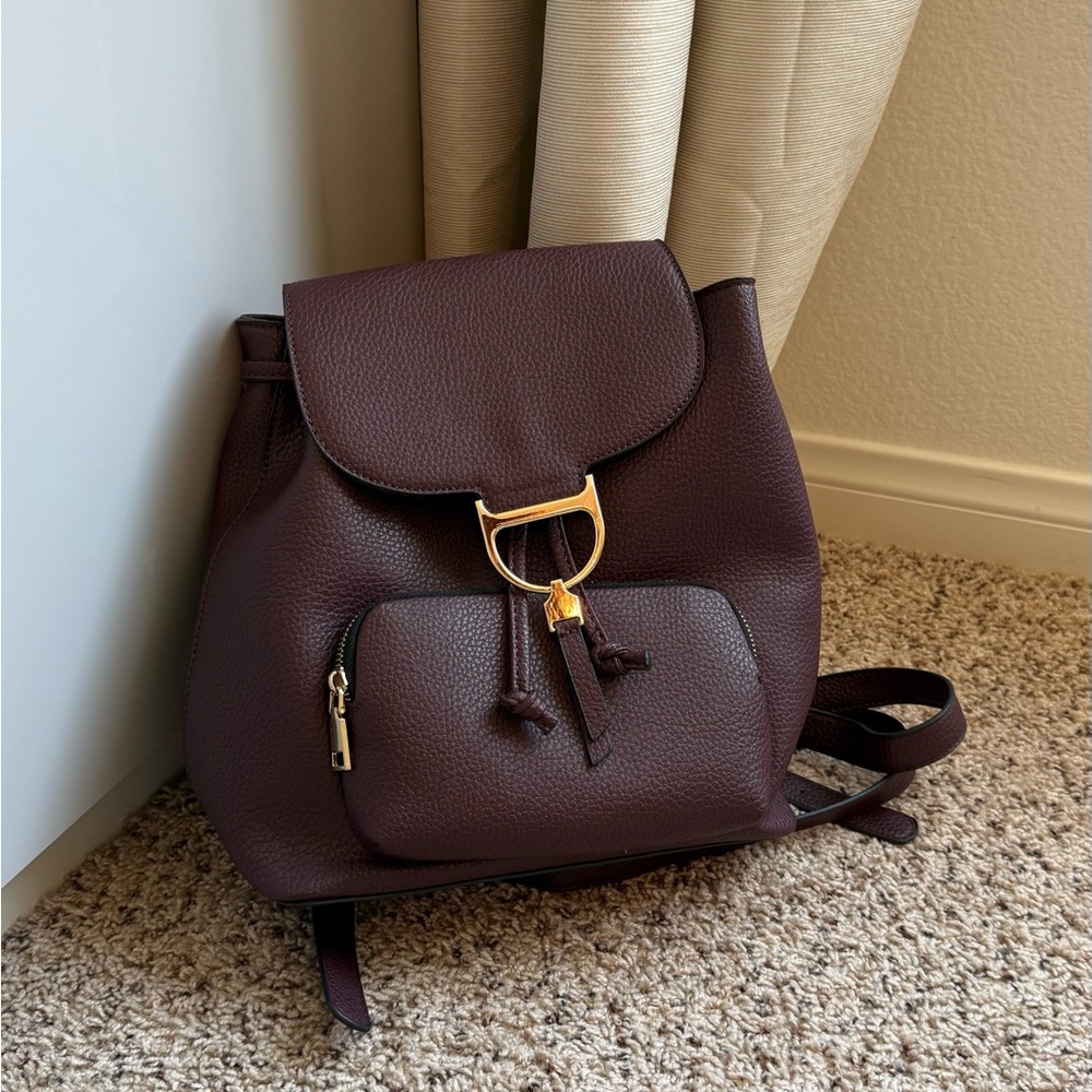 Pebbled Brown Women's Backpack with Gold Accent.